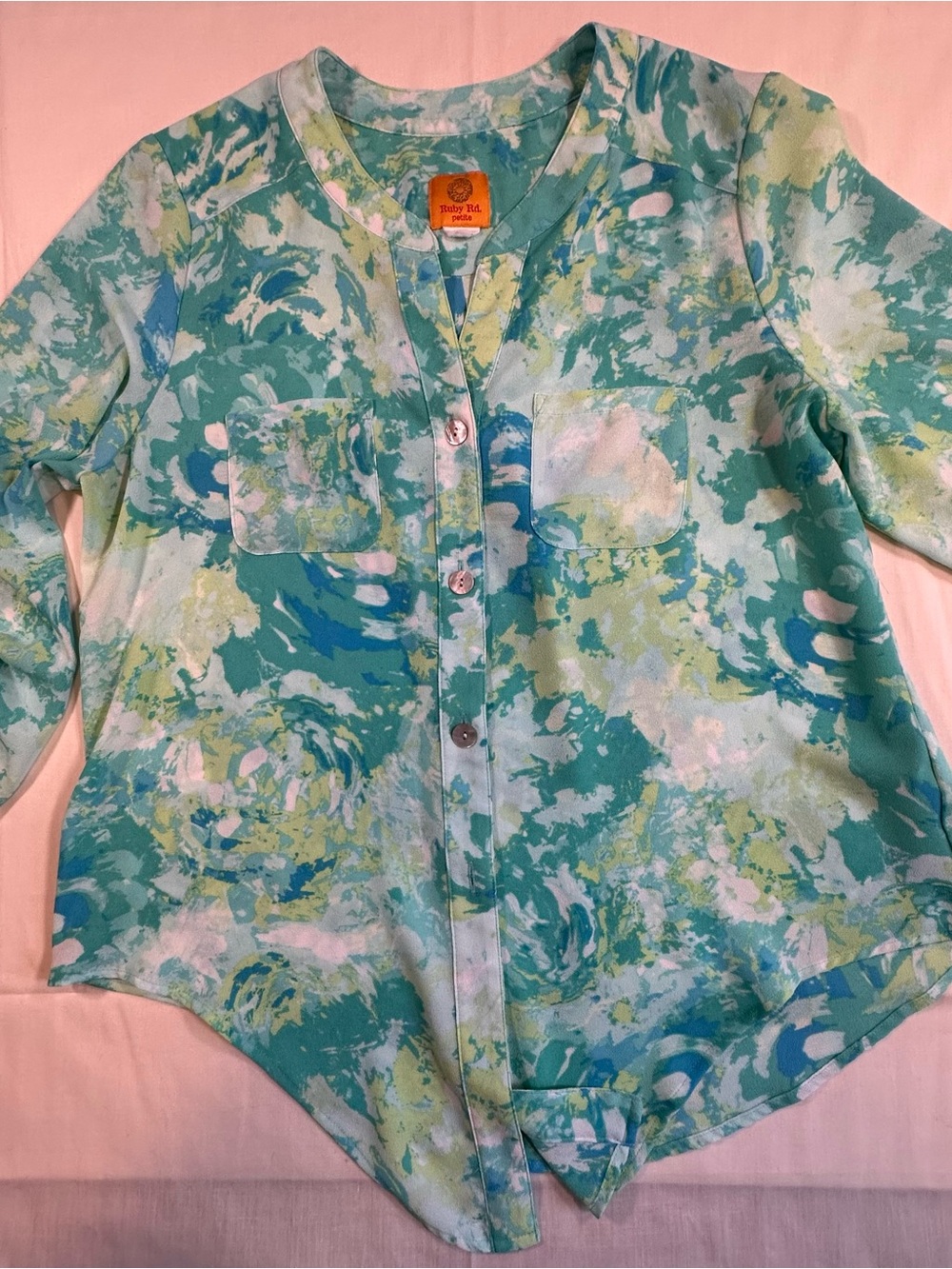 Women’s Aqua floral blouse, casual, romantic, cottage core Baby doll coastal M